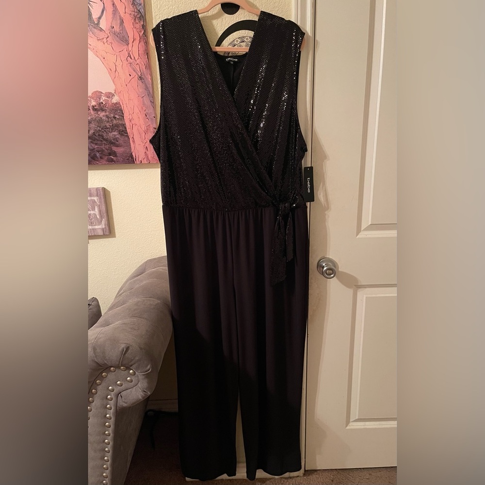Bebe Plus Size Women's long black sleeveless jumpsuit wide leg size 3X NEW